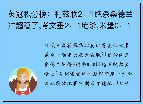 英冠积分榜：利兹联2：1绝杀桑德兰冲超稳了,考文垂2：1绝杀,米堡0：1
