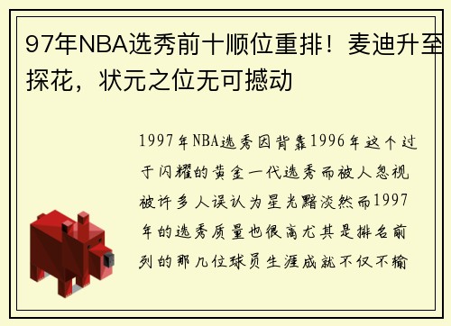 97年NBA选秀前十顺位重排！麦迪升至探花，状元之位无可撼动